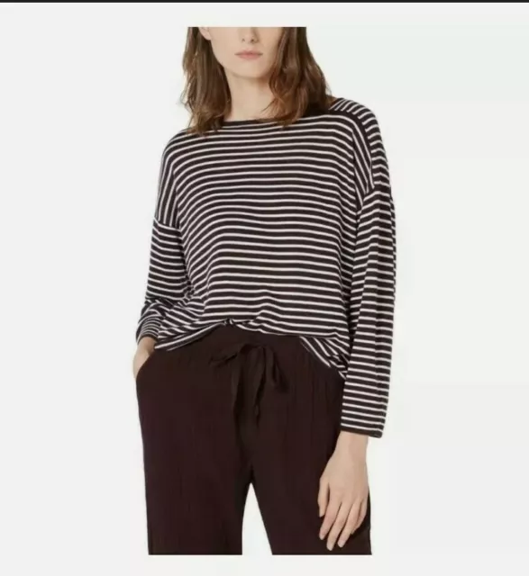 NWT Eileen Fisher Womens Purple Striped Bateau Neck Pullover Sweater Top Large