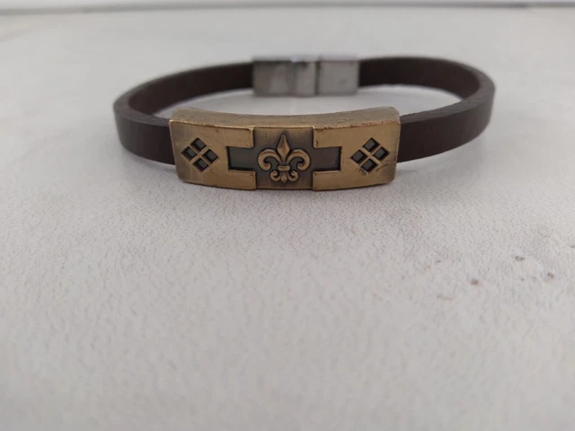 Fleur De Lis Brown Cow Leather Bracelet - Slide Antique Copper Metal Charm