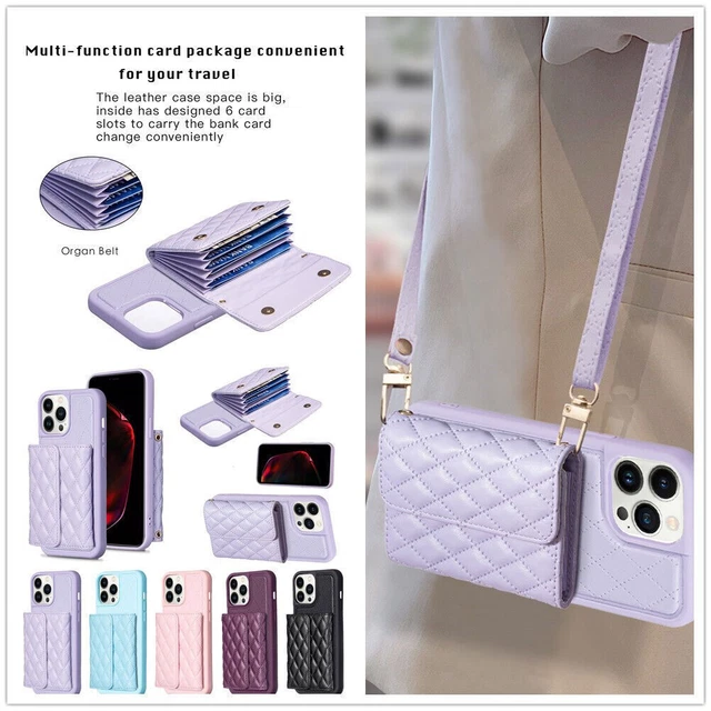 Crossbody Grid Leather Wallet Phone Case For iPhone 11 12 13 14 Samsung S22 S23