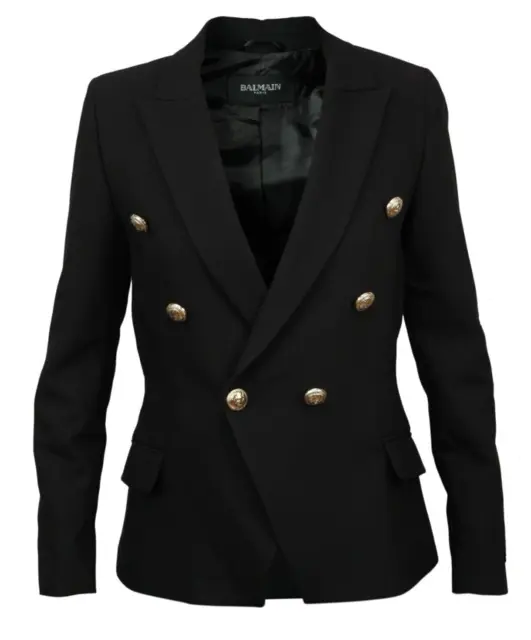 Balmain woman blazer jacket in black sateen cotton size M golden buttons