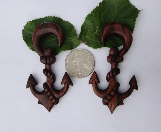 Pair Handcrafted Sono Wood MARINE ANCHOR SPIRAL STRETCHER TAPER EAR PLUGS GAUGES