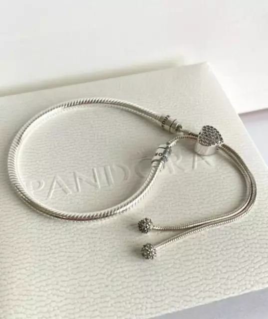 Pandora 925 ALE silver adjustable Pave Heart snake slider charm bracelet In Box