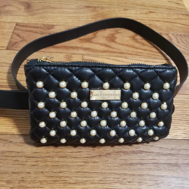 Juicy Couture Black Pearl Embellished Quilted Zip Waist Belt Bag Fanny Pack L/XL