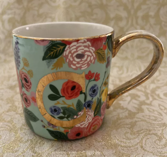 Anthropologie Rifle Paper Co Monogram "C” Mug Floral letter gold tea coffee cup