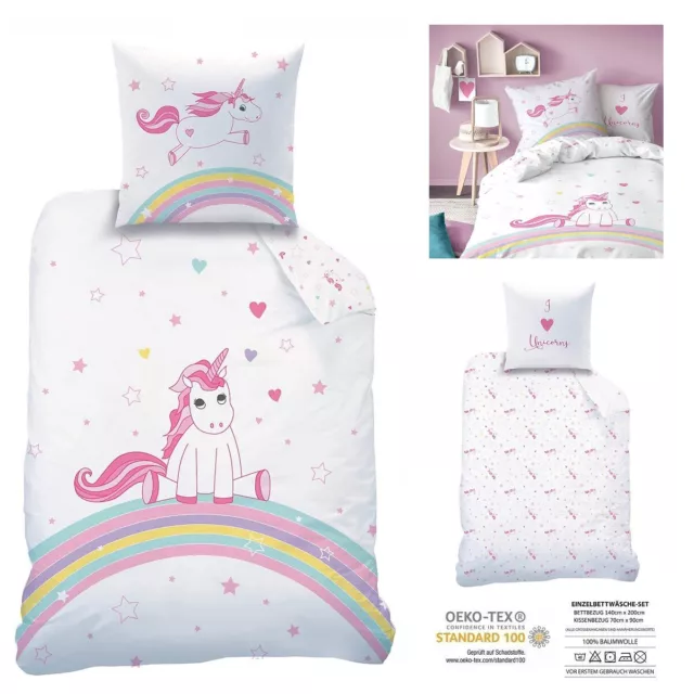 süße Einhorn Mädchen Bettwäsche 135x200 Regenbogen Kinderbettwäsche Set Teenager