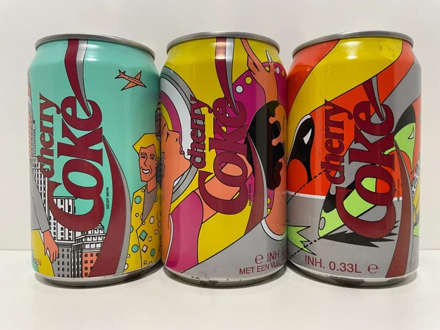 COCA COLA CHERRY COKE CANS; 3rd POP ART 3 CAN SET, HOLLAND, 1993-1994