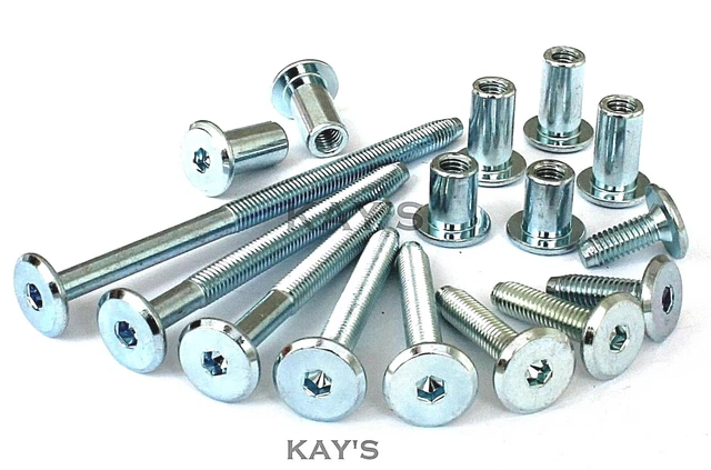 M6 Furniture Connector Bolts & Cap Nuts, Flat Head Allen Key Screws Zinc Plated