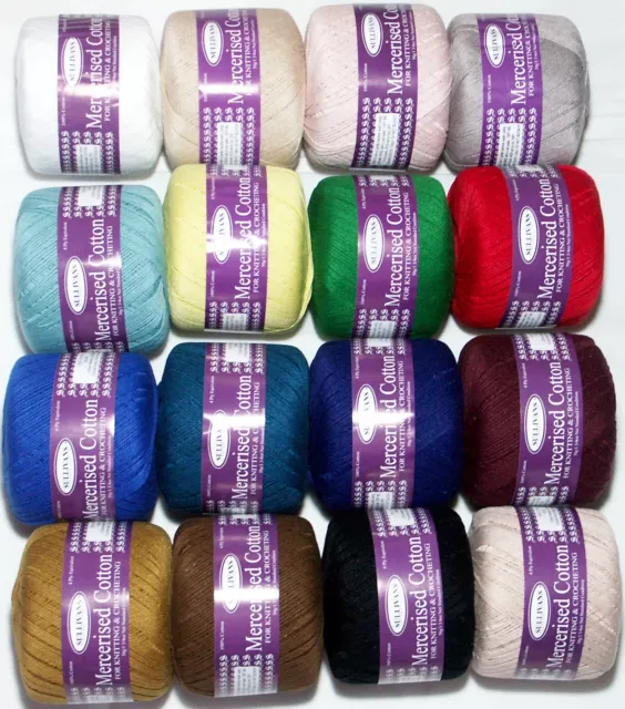 1 x 4ply 100% Mercerised Crochet Cotton Knitting Tatting 17 cols Yarn Sullivans