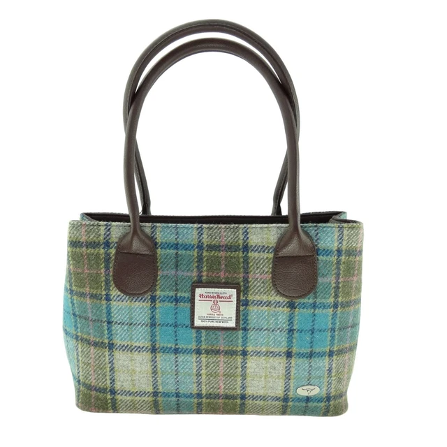 Sac Carré Bandoulière Harris Tweed Rose à Carreaux – 100% Tweed Et Cuir PU, Taille Moyenne
