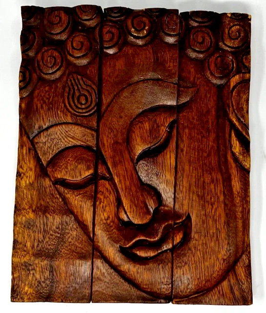 Three Paneled Hand Carved Teak Wood Buddha Wall Sculpture