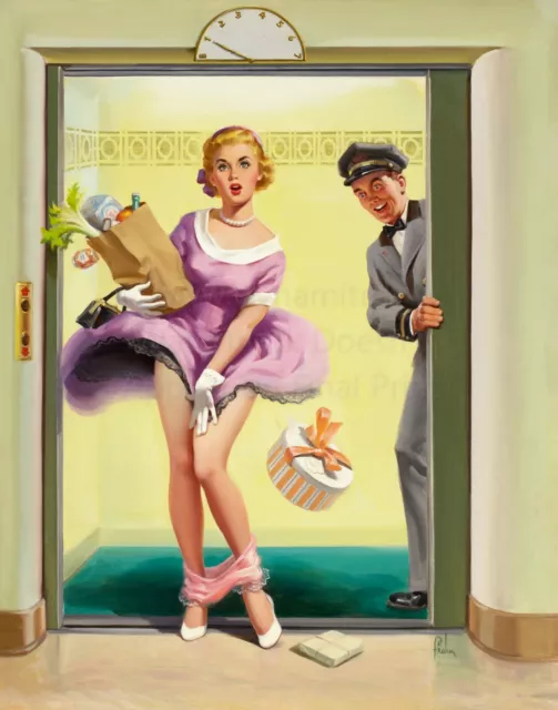 ART FRAHM Pin-Up Poster or Rolled Canvas Print "Going Down"  Sexy Girl, Elevator