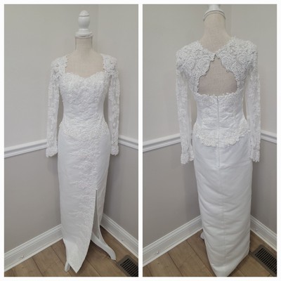 VTG "Moonlight" White Satin  Beading, Sequins & Lace Sheath Style Wedding Dress