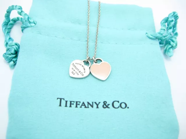 Please Return To Tiffany & Co. Double Mini Heart Pink Enamel Charm Necklace 16"