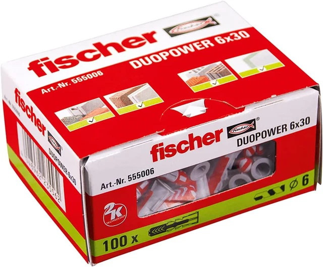 Enchufe de pared Fischer 555006 DUOPOWER, rojo/gris, 6x30, juego de 100 piezas