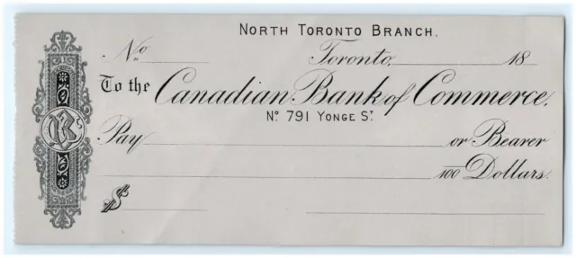 c1870 Canadian Bank of Commerce Check Unused North Toronto Branch