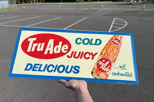VINTAGE TRUADE SODA  EMBOSSED TIN SIGN, 28” x 12”