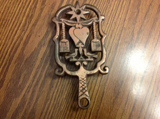 Vintage Bronze Colored Cast Iron Trivet Love Hearts Doves Sun Broom  Marriage