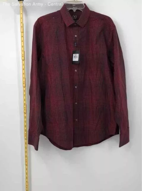 Bugatchi Uomo Mens Burgundy Gingham Cotton Classic Fit Button-Up Shirt Size L