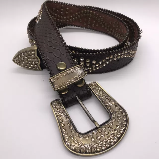 Women's Genuine Leather Bling Rhinestones Belt Brown Snake pattern SZ-Small 29