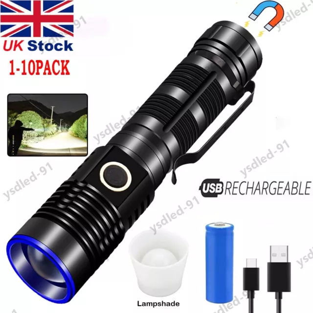 1-10pc LED Torch Super Bright Flashlight USB Rechargeable 200000LM Zoom Powerful