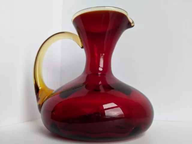 VTG Amberina Glass Ruby Red Yellow Pitcher MCM Pinched Top Hand Blown  8.5" A!