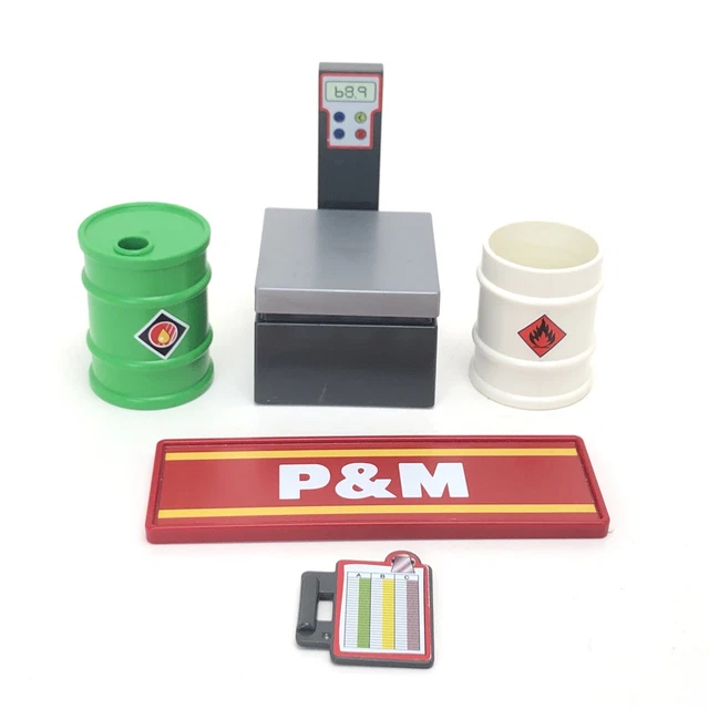 PLAYMOBIL P&M TOXIC Waste hazardous Barrel Weigh Scale & clipboard