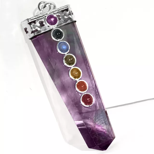 Rainbow FLUORITE 7 Chakra Pendant CHARGED Crystal Sterling Silver Necklace Reiki