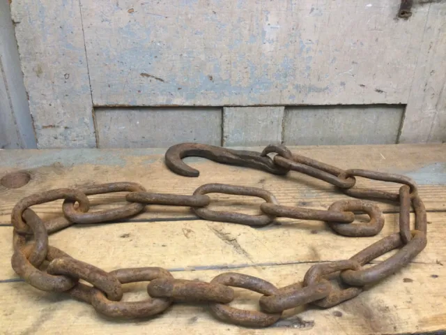Primitive Tool Antique Hand Forged Iron Chain and Hook 55” long rusty Farm Decor