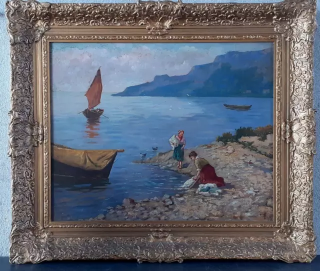 Tableau huile sur bois marine lavandières lac de COME signé RIVA ( GIOVANNI )