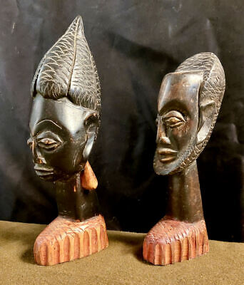 African Tribal Ceremonial Statue PAIR 11" Man + Woman ~ Hand Carved Ghana Couple