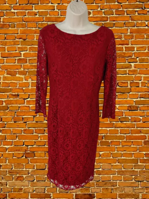 Womens Oasis Size Uk 10 Red Lace Overlay V-Neck Back Sheath Dress Midi Length