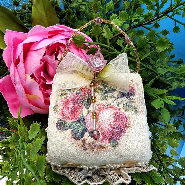 Victorian Purse Pink Roses Leaves "Sugared" Ornament Beads CMAS Figurine 4" v2