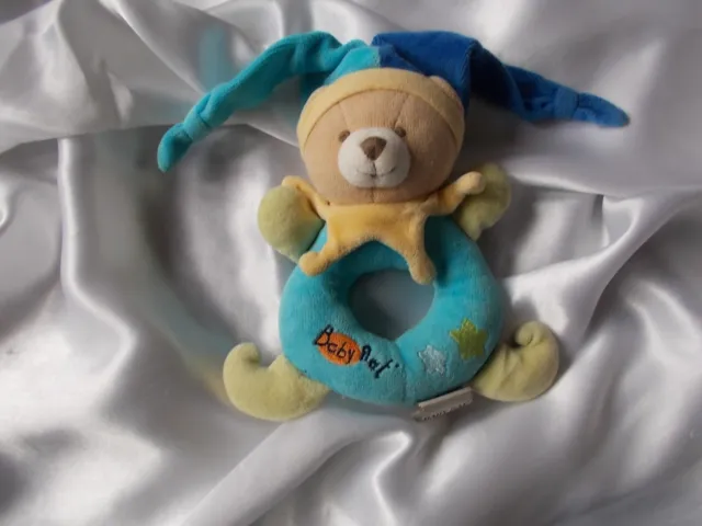 Doudou hochet ours bleu et jaune, Baby Nat, (Babynat)