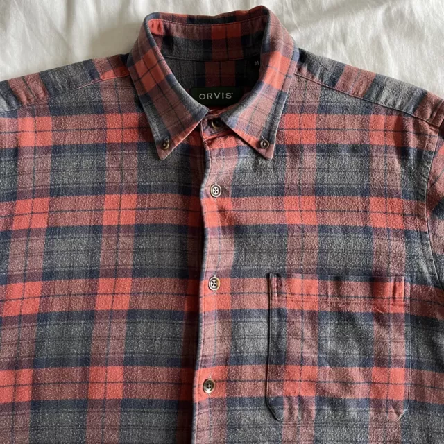 Mens Orvis Flannel Shirt Size Medium (M) in Red & Grey Check Long Sleeve Vintage