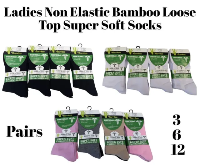 3 6 &12 Pairs Ladies Non Elastic Bamboo Loose Top Super Soft Socks 4-7 Size UK