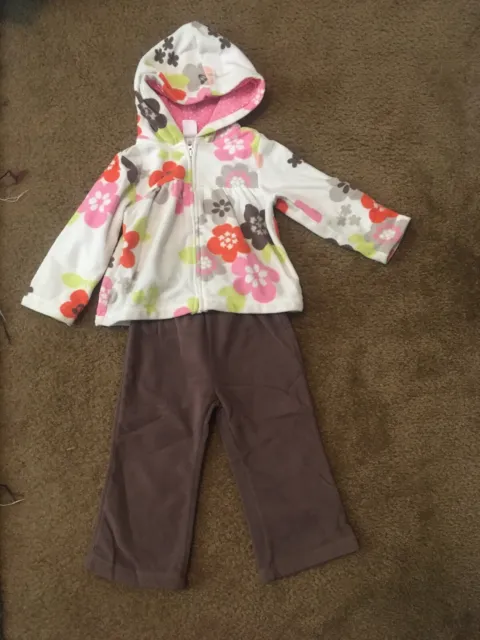 Carters Outfit 2 Piece Set 18Months Baby Girl Fleece Flowers Top&Brown Pants