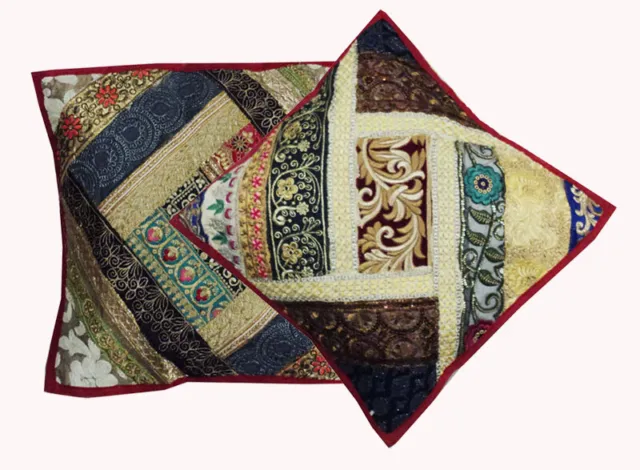 16"-2 Heavily Ornate Bead Christmas Gift Sari Throw Floor Cushion Pillow Covers