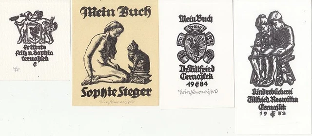 4 Exlibris Bookplate Holzstiche Fritz Cernajsek 1910-1996 Konvolut Lot 1 Akt