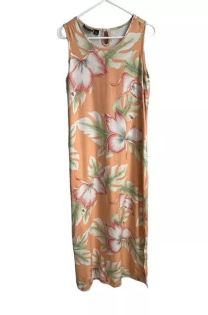 Tommy Bahama Womens Size M 100% Silk Maxi Dress Peach Tropical Floral Side Slits