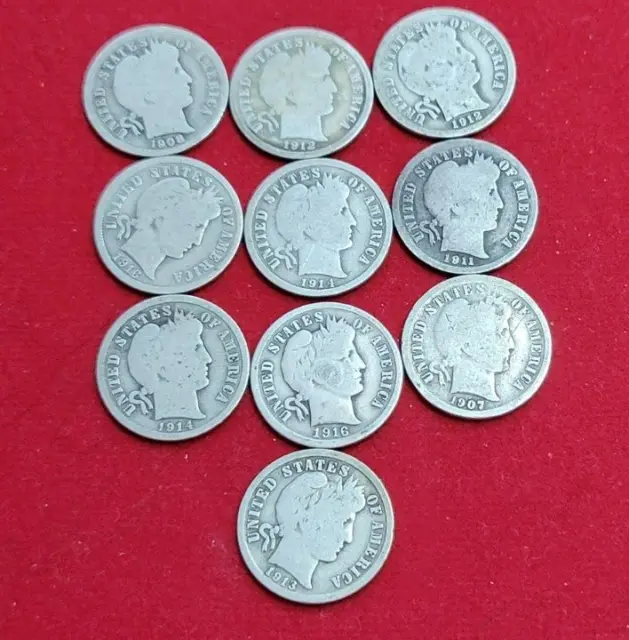 10 Different G/VG Barber Dimes 60% MM 1907-1916 231214