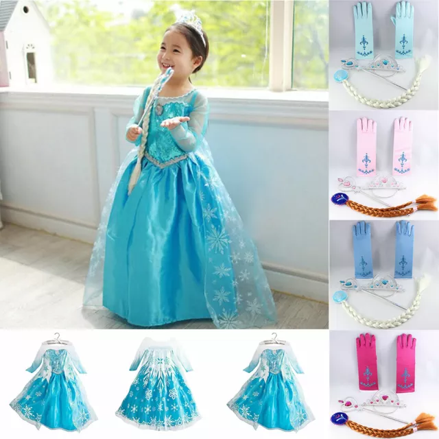 Frozen Kostüm Prinzessin Kleid Elsa Anna Krone Handschuhe Zopf Pony Stab Set