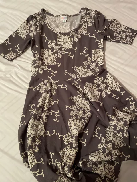 LuLaRoe Elegant Nicole Dress Gray, Gold, White, Glitter, Medallions XS