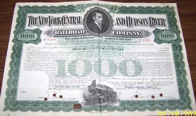 NY Central & Hudson River RR Co. Bond 1,000 Dollars Oversized as pictured.