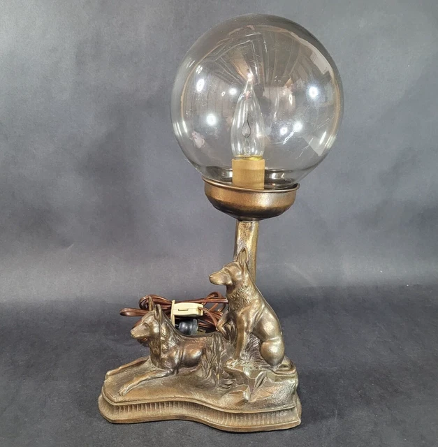 German Shepherd Bronzed Metal Lamp with Globe Shade Art Deco Accent Table Light