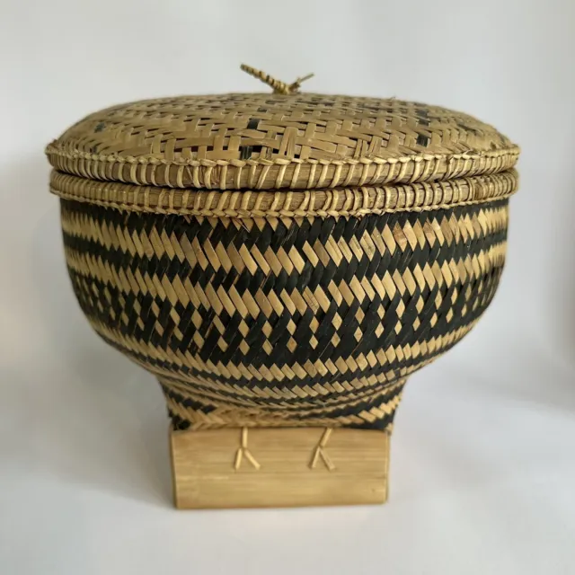 Vintage Handwoven Rice Basket Tingkep Bowl Bamboo Woven Indonesian Craft Storage