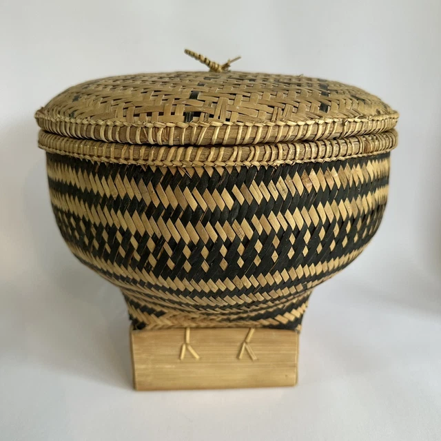 Vintage Handwoven Rice Basket Tingkep Bowl Bamboo Woven Indonesian Craft Storage