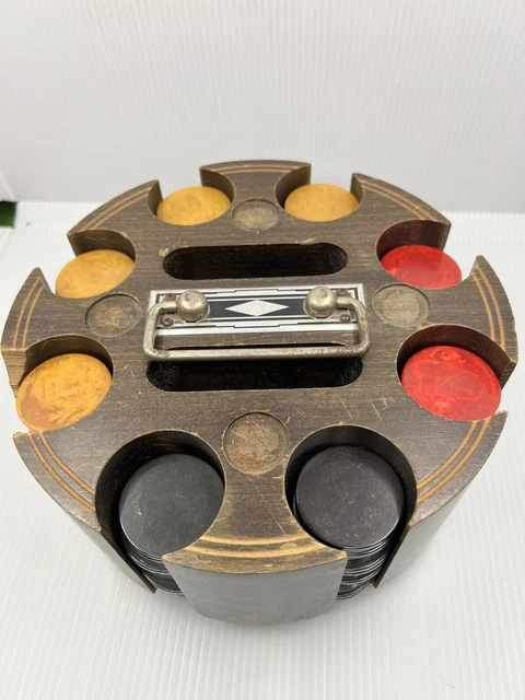 Vtg 1940-50 Spinning Poker Chips Wood Carousel Faux Alligator, Original Chips?