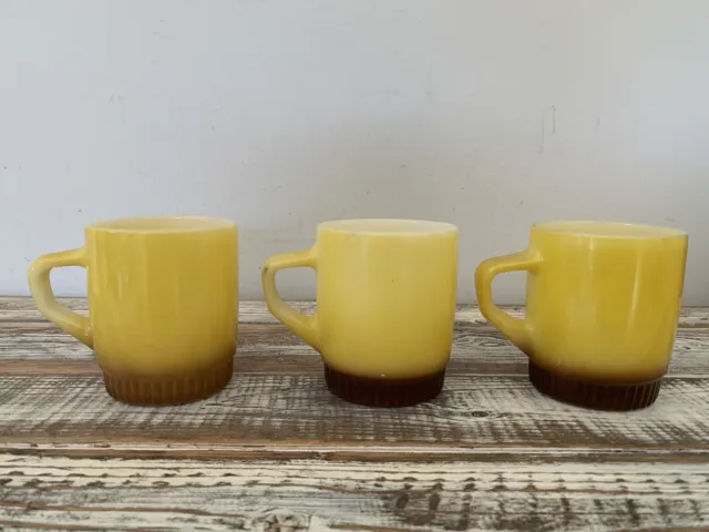 3 Vintage Anchor Hocking FIRE KING Brown to  Yellow  Stacking Coffee Mug Cup