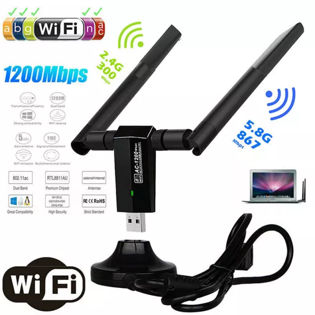 1200Mbps Wireless Long Range AC1200 Dual Band 5GHz USB 3.0 WiFi Adapter Antennas