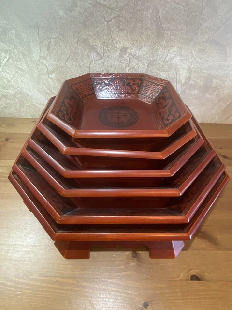 VTG Korean Wooden Lacquerware Serving Trays / Bowls Stacking Set of 6 Octagonal